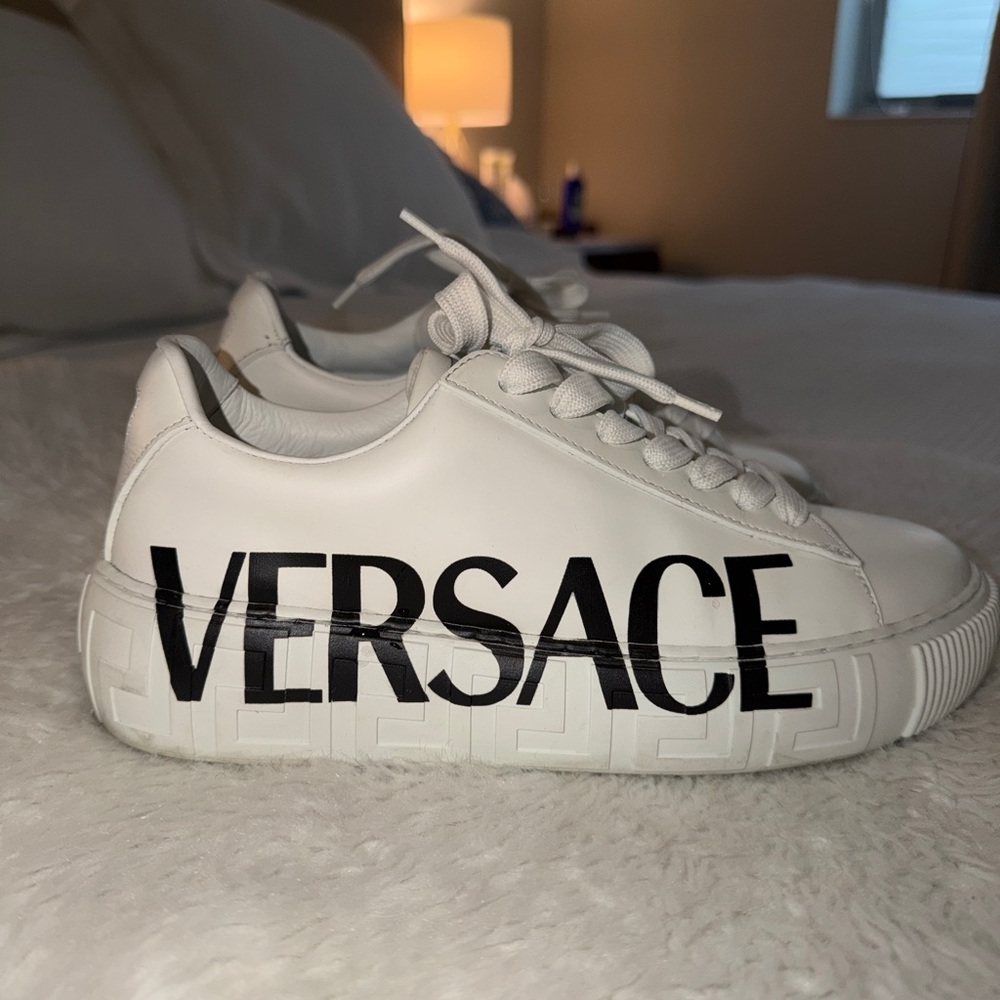 Versace White Leather Sneakers with Black Logo